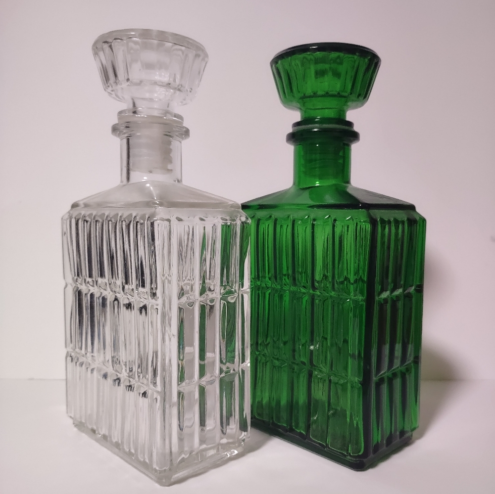 2 Vintage EMPOLI Decanters With Stoppers Rectangular With Geometric Design Italy
